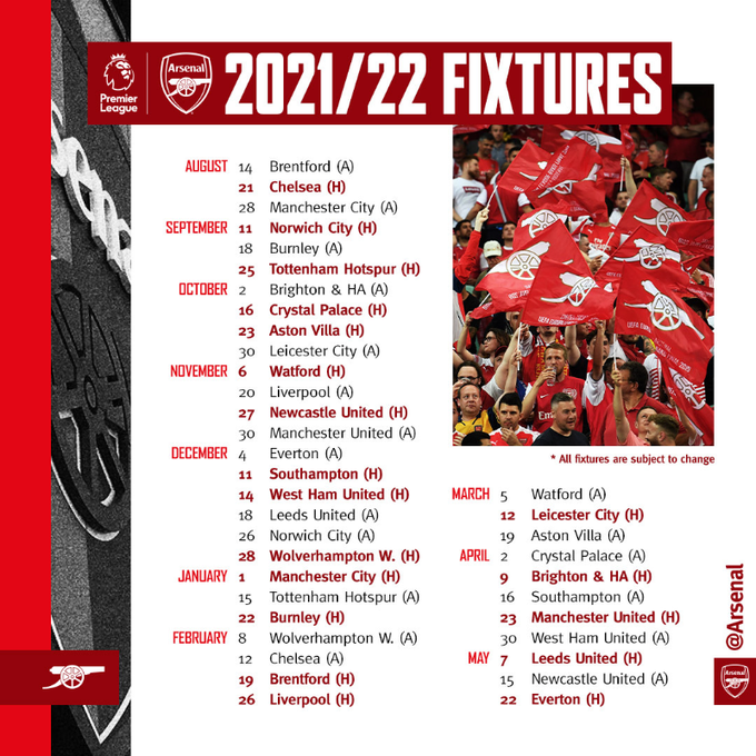 21 22プレミアリーグフィクスチャが発表 アーセナルは厳しい序盤とイージーな終盤 Arsenal Change Everything